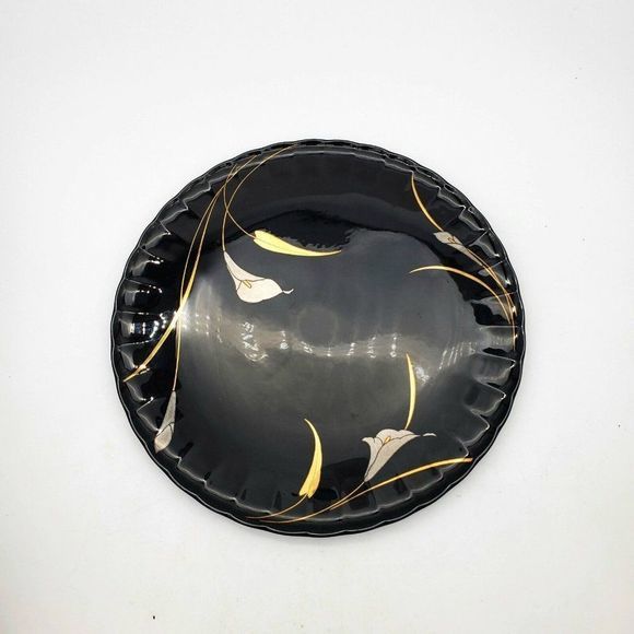 Mikasa Gold Leaves CAKE PLATE Black Glossy Serving Platter Silver Calla Lily VTG - Picture 5 of 8